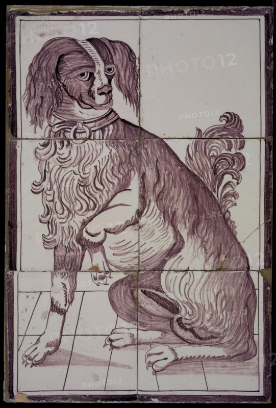Tile panel, six tiles, sitting dog holding up the paw, purple on white, tile picture ceramic earthenware glaze, baked 2x glazed