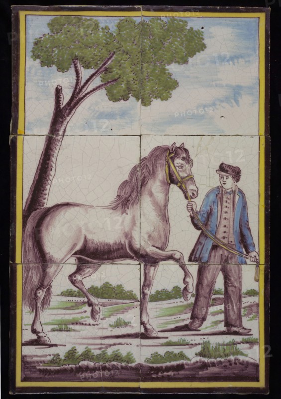 Multicolored tile picture, farmer with horse by tree, stuck on the plate, tile picture material ceramics pottery glaze plywood