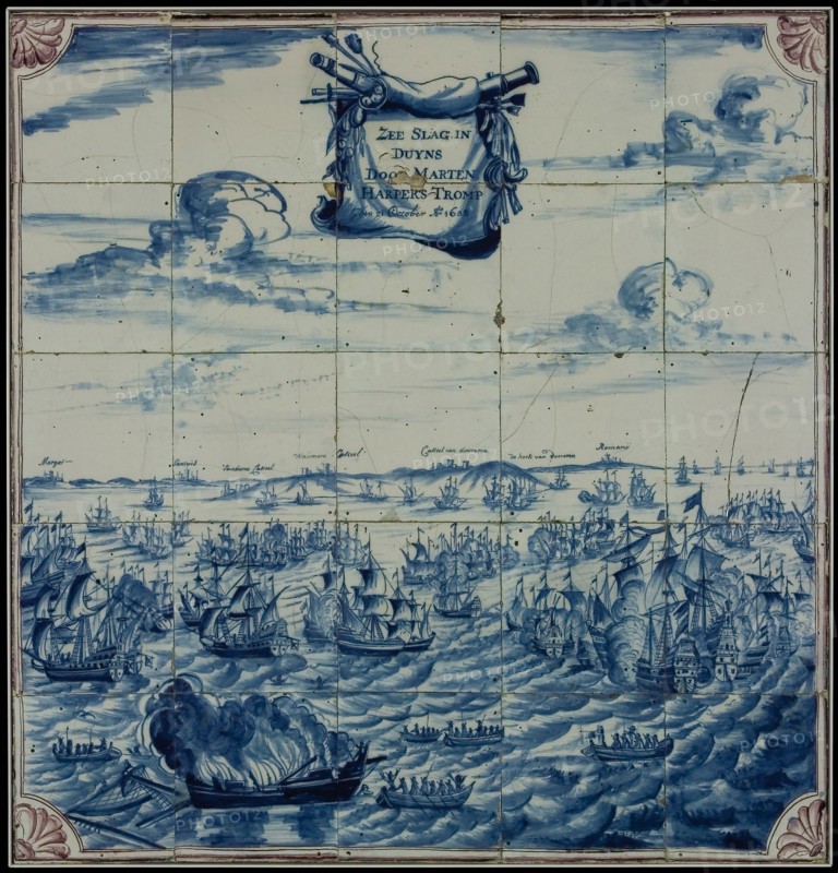 Blue tile picture with purple details, sea battle at Duins led by Maarten Harpertszn. Tromp, tile picture material ceramics