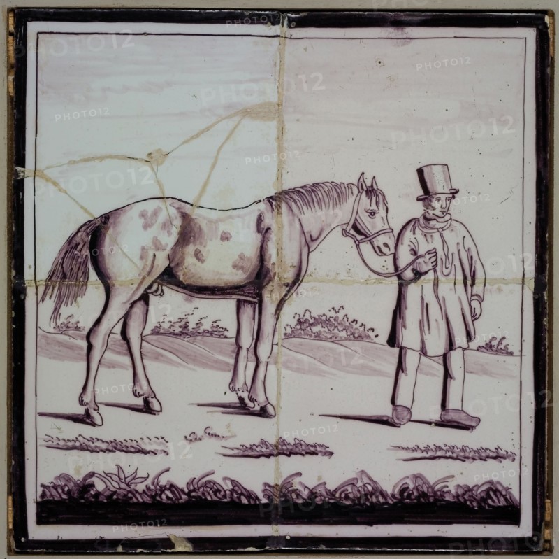 Tile panel, four tiles, man with horse, purple on white, tile picture ceramic earthenware glaze, baked 2x glazed painted