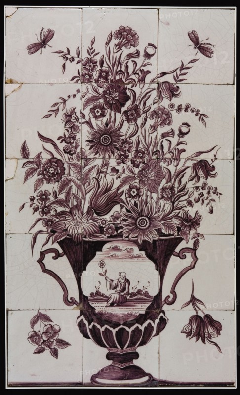 Tile panel in manganese, large flowerpot with Chinese on the sidewall, tile picture material ceramics pottery, per tile, baked