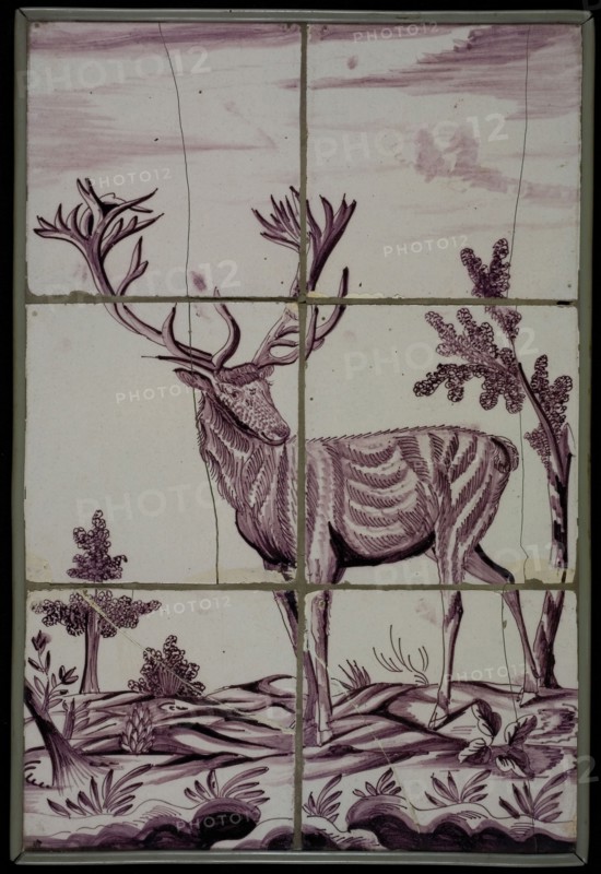 Tile panel, six tiles, purple on white, deer in landscape, tile picture material ceramic earthenware enamel, baked 2x glazed