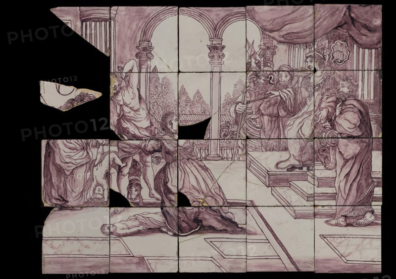 Purple tile picture with the judgment of Solomon, tile picture material ceramics pottery glaze, baked 2x glazed painted Five