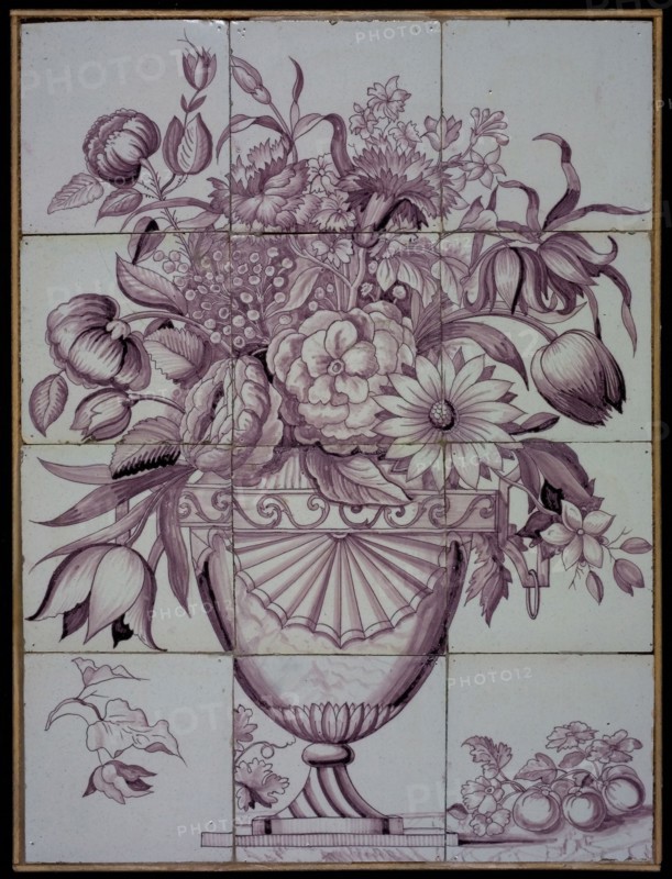 Verwijk?, Tile panel, twelve tiles, purple on white, flower vase, tile picture material ceramics pottery glaze, baked 2x glazed