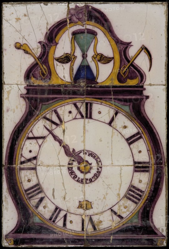 Van der Wolk, Tile panel, six tiles, purple, blue, yellow and green on white, pendulum clock with Roman numerals, IVDP Wolk
