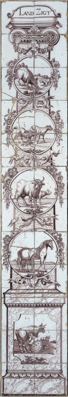 Tile pilaster, purple on white, Ionic pilaster on which Landzigt, four medallions with animal scenes, and on base milking