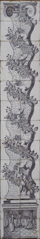 Aalmis, Purple tile pilaster, column wound with branch on which angels, on pedestal of column: Paul freed by an angel, tile