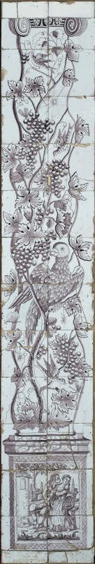 Purple tile pilaster, twisted column covered with vine, on which birds, insects, spiders and web, on pedestal of the column