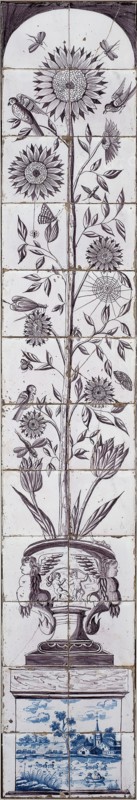 Tile Pillaster, purple, bottom in blue village view, water with rowing boat and swans, on top pedestal vase decorated with putti