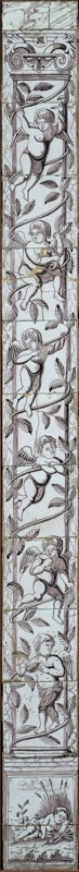 Purple tile pilaster, column wound with stem on which putti, on pedestal of column sleeping Amor, tile pilaster sculpture