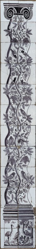 Purple tile pilaster, vine with apples and birds, peacock and ostriches on base, tile pilaster sculpture ceramic earthenware