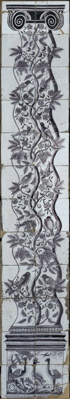 Purple tile pilaster, twisted column along which vine with apples and birds, tile pilaster sculpture ceramic earthenware glaze