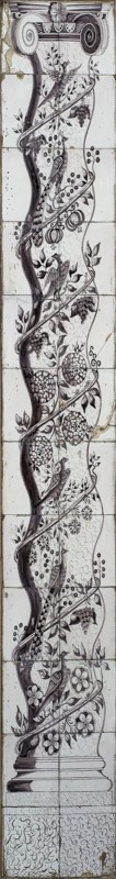 Tile pilaster with marbled column in manganese, vines and birds, tile pilaster visual material ceramic earthenware glaze tin