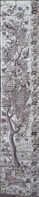 Tile pilaster, grape vines with birds, insects, spider in web, at foot of tree dog, left pig, right farmer with donkey, tile