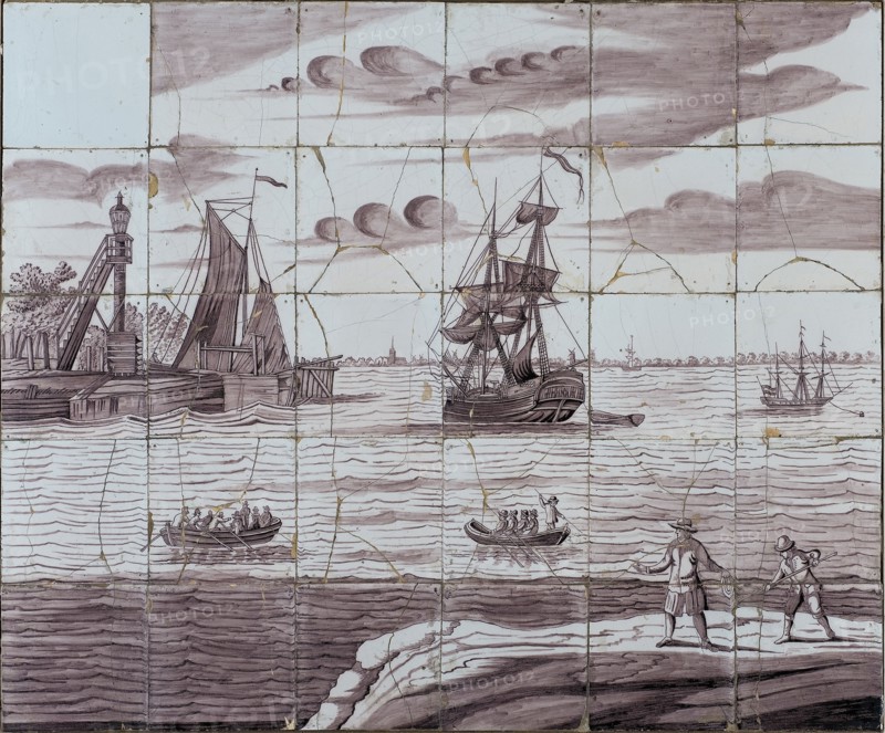 Verwijk, Purple tile picture, berth with ships (Vlaardingen?), tile picture ceramic earthenware glaze, baked 2x glazed painted