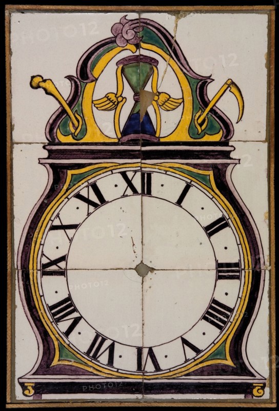 Ludolf Bakhuijzen of Arend Bakhuijzen of atelier Bakhuijzen, Tile panel, six tiles, yellow, green and purple on white, pendulum