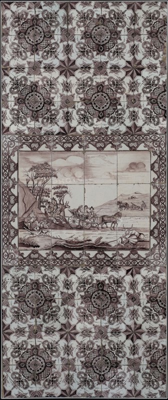 tegelbakkeij Schiedamsedijk, atelier Verwijk, Purple tile picture with landscape with farm wagon, plowing farmer, nursing mother