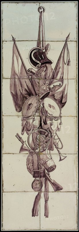Purple tile tableau, armory trophy with banners, sword, drums and wind instruments, tile picture material ceramic earthenware
