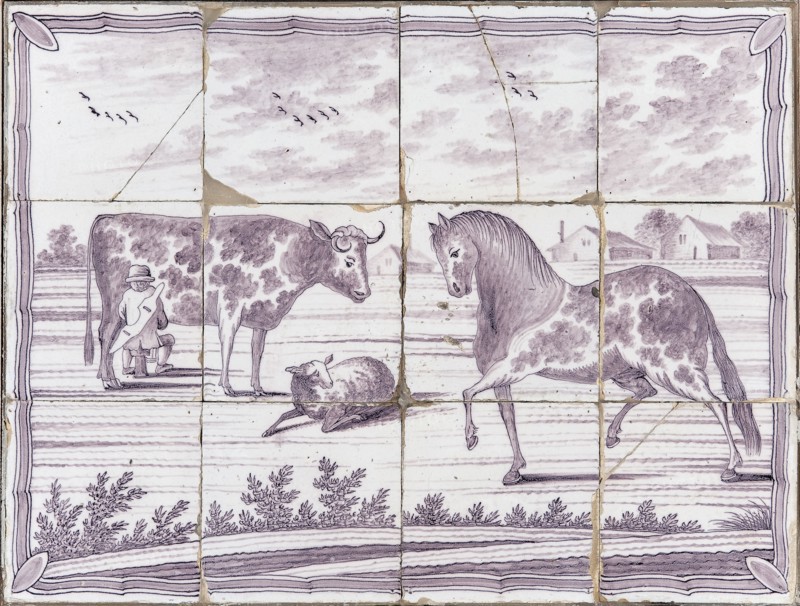 Purple tile picture with cow, horse and sheep, tile picture material ceramics pottery glaze wood, baked 2x glazed painted Four