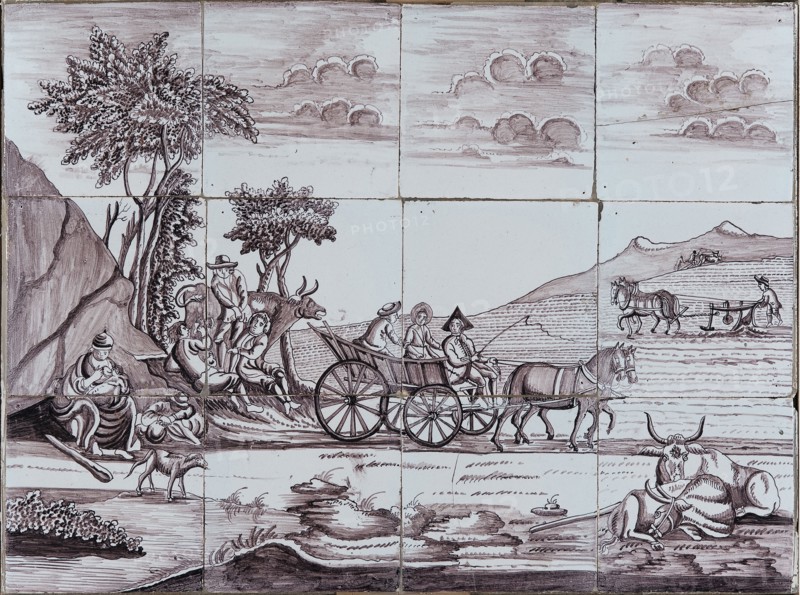 atelier Verwijk, van Traa, Purple tile picture with landscape with farm wagon, plowing farmer, nursing mother, tile picture