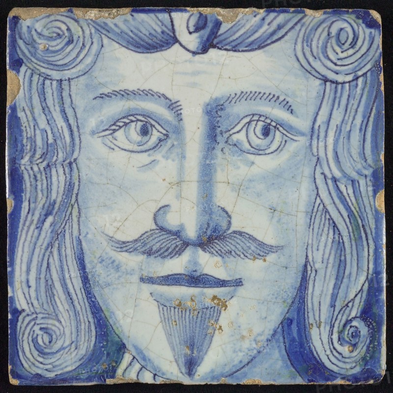 Tile of chimney pilaster, blue on white, part of pillar with head of man with mustache and beard, chimney pilaster tile pilaster