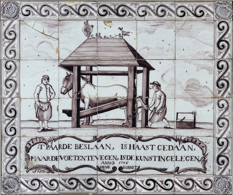 J. van der Vliet, Purple tile picture, farrier at work, tile picture material ceramic earthenware glaze wood, baked 2x glazed