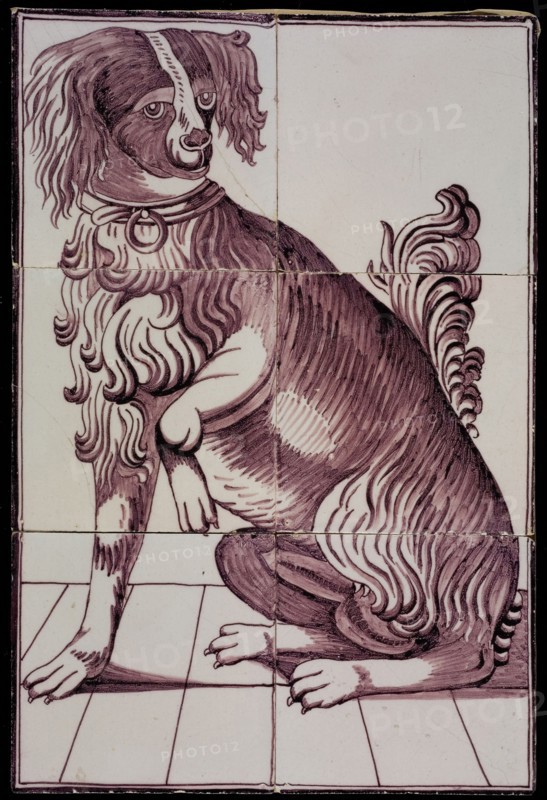 Tile panel, six tiles, purple on white, sitting dog, tile picture material ceramics pottery glaze, baked 2x glazed painted