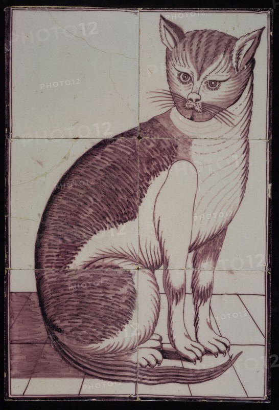 Purple tile tableau, sitting cat to the right, looking angry, stuck on the plate, tile picture material ceramics pottery glaze