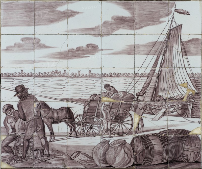Verwijk, Purple tile picture, loading ship with grain, tile picture material ceramics pottery glaze wood, baked 2x glazed