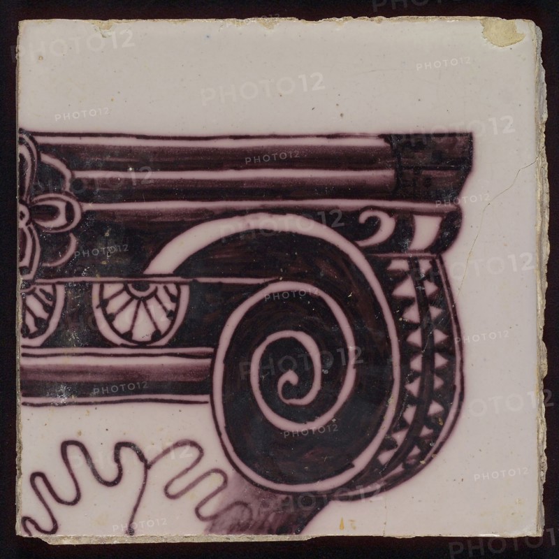 Tile of tile pilaster with twisted column with leaves of grapes, grapes, insects, spiders and bird, tile pilaster footage