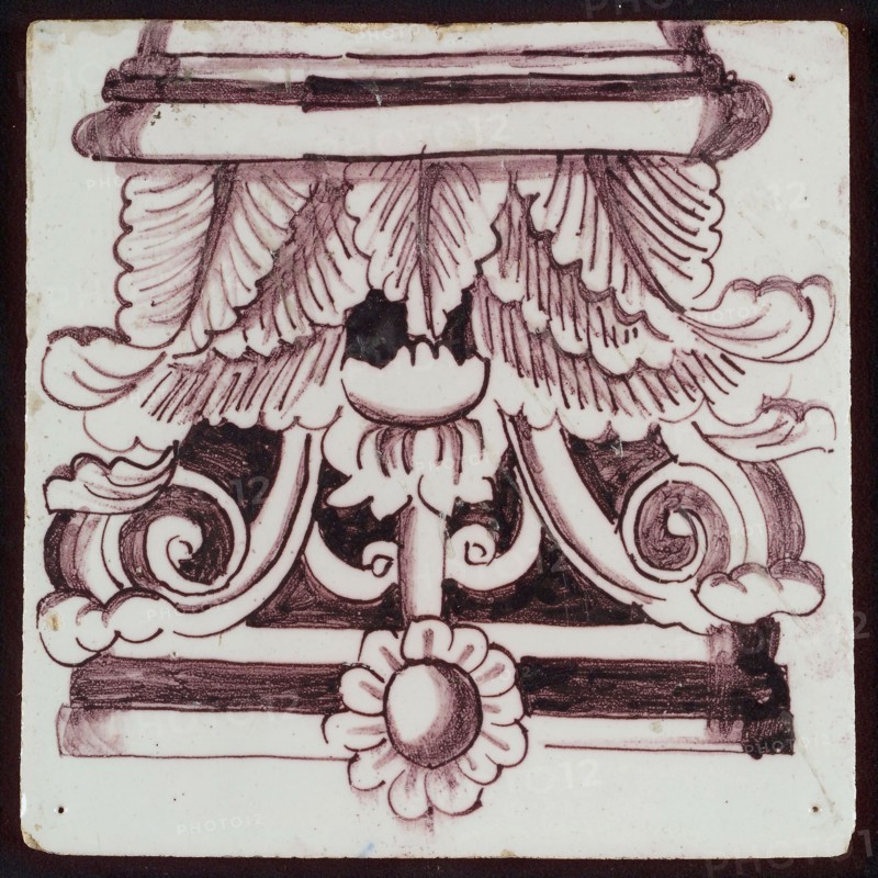 Tile of pilaster with purple corinthian capitals, tile pilaster image fragment ceramic earthenware glaze, baked 2x glazed