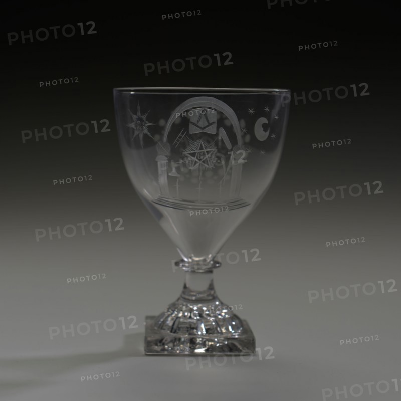 Chalice glass engraved with masonic symbols and initials BH, wine glass drinking glass drinking utensils tableware holder lead