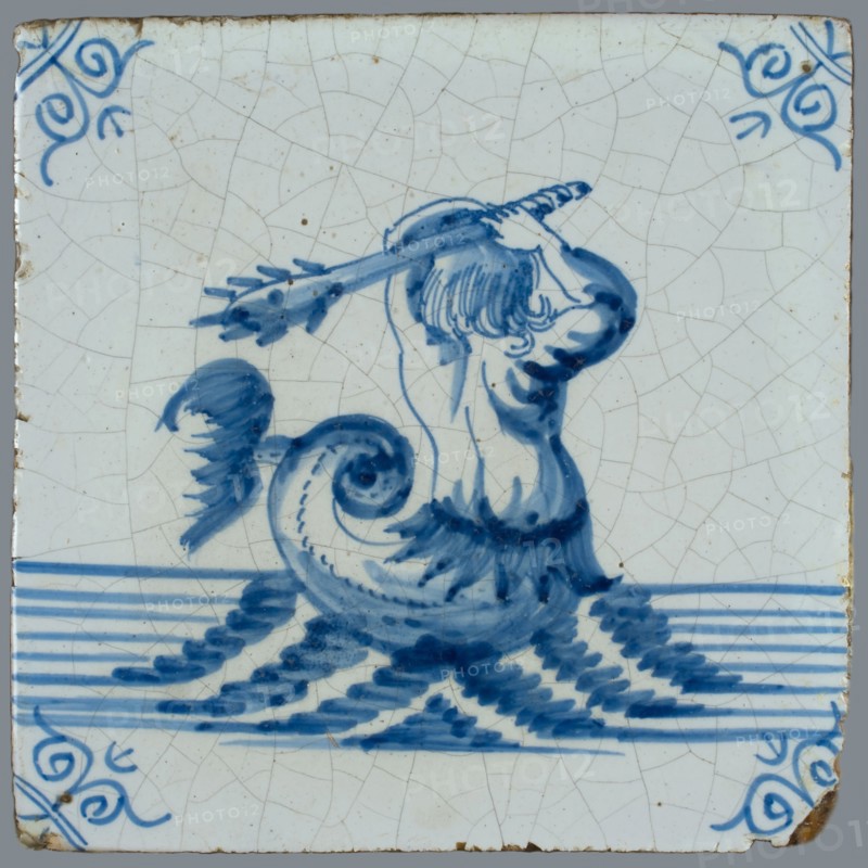 Scene tile, in tile field of eight, four high, two wide; sea creature tile in blue, meerman with club at sea, corner motif