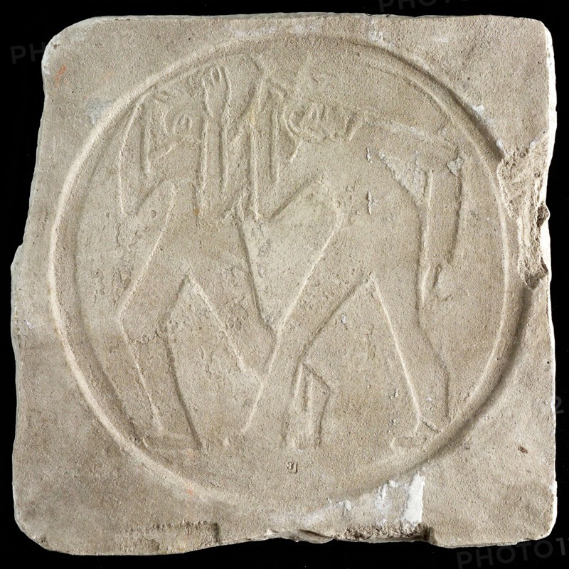Leendert Bolle, Half of mold with an embossed circle with two bag carriers, mold embossed plaster, signed LB Rotterdam bag