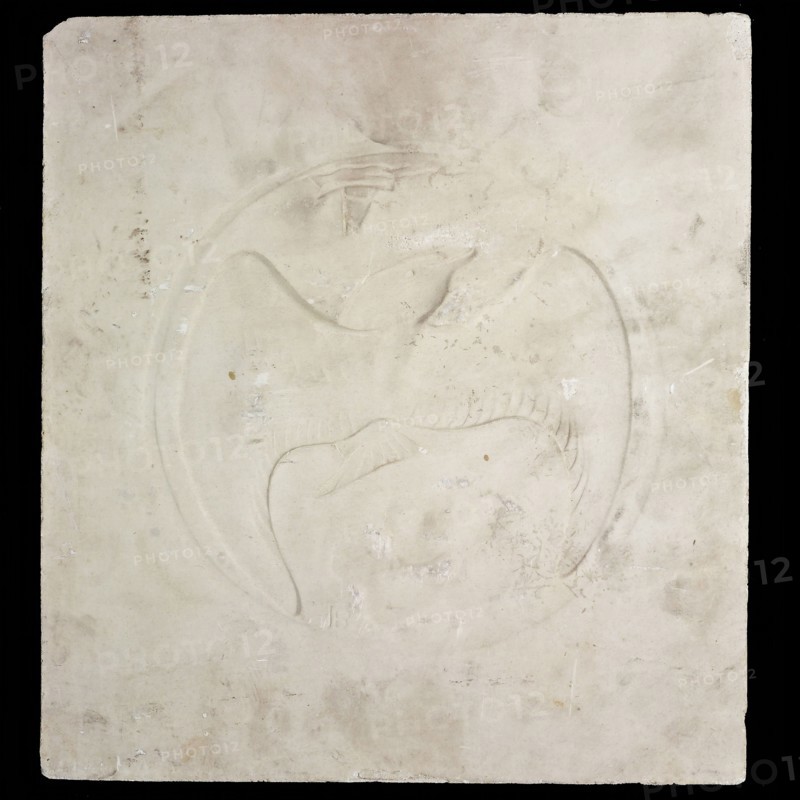 Leendert Bolle, Half of trench template in negative low relief, stylized gull or albatross between clouds above water