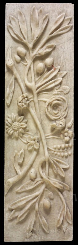White rectangular relief, with two mistletoe branches and spreading flowers, relief marble stone, fireplace