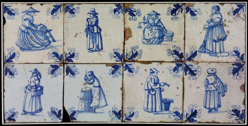 Tile field, eight tiles, blue on white, among others fish seller and woman with scale, corner motif, tiled field wall tile