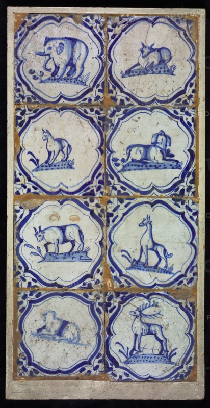 Tile field, eight tiles, braces with elephant, blue on white, corner motif wing leaf, tiled field wall tile sculpture