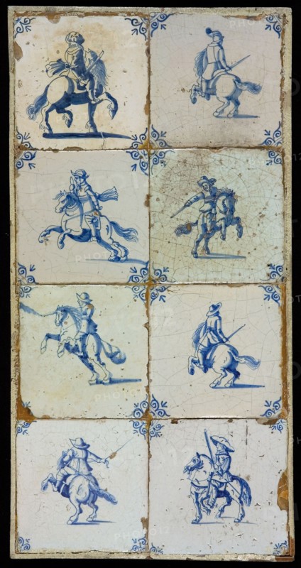 Tile field, eight tiles, blue on white, riders, corner motifs ox's head, tiled field wall tile tile sculpture ceramic