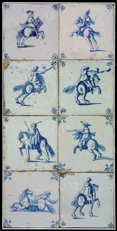 Tile field, eight tiles, blue on white, horseman, corner motif ox's head, tile field wall tile tile sculpture ceramic