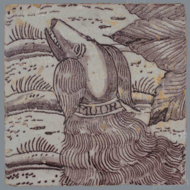 tile pewter tile, purple on white, part of tree trunk with dog with MOOR on collar, tile pilaster footage fragment ceramic