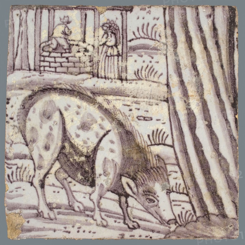 Tile of tile pilaster, purple on white, pig and above water well with farmers couple, tile pilaster footage fragment ceramic