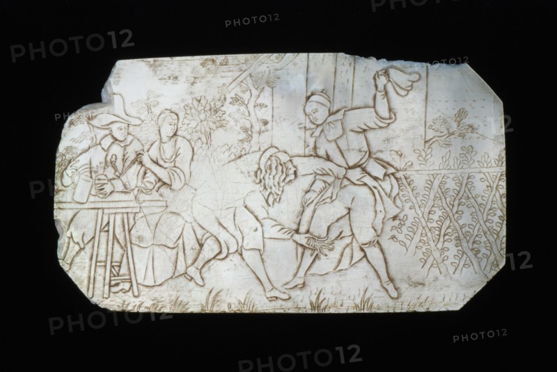 Panel of mother-of-pearl with incised scene from play or saying, embossed nacre shell, Panel of mother-of-pearl