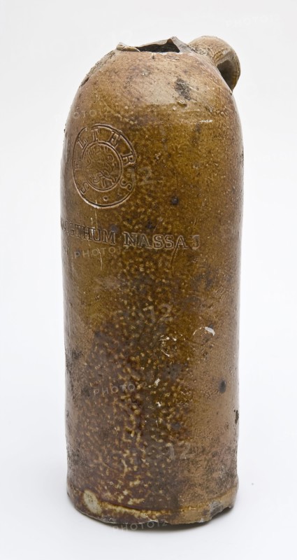 Stoneware mineral water pitcher, cylindrical with round shoulder, sausage ear and short neck, mineral pitcher pitcher jar