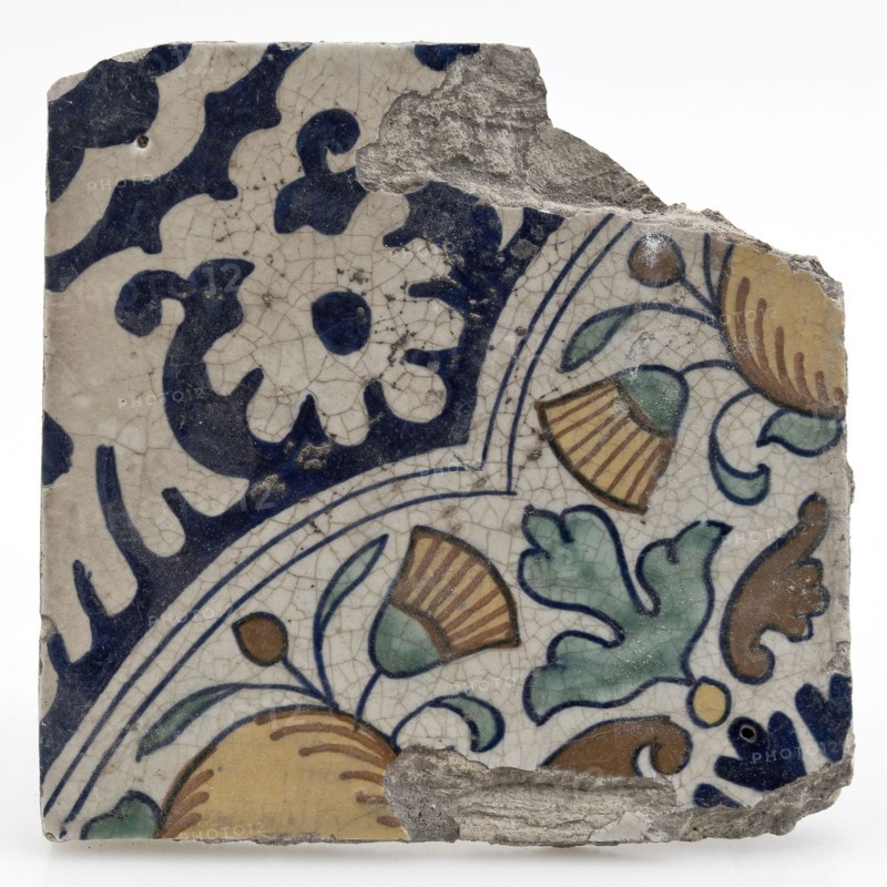 Earthenware tile in four-step with polychrome representation, wall tile tile sculpture earth discovery ceramic earthenware glaze