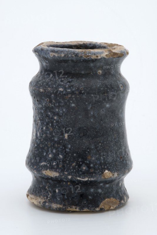 Pottery ointment jar, cylindrical with three constrictions, black speckled glazed, ointment jar pot holder soil find ceramic