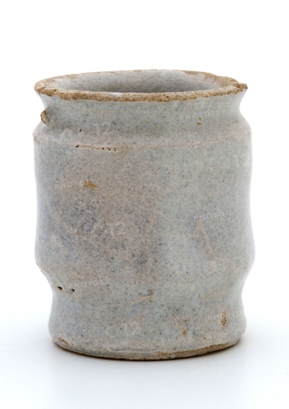 Pottery ointment jar, cylindrical with three constrictions, glazed in gray white, ointment jar pot holder soil find ceramic