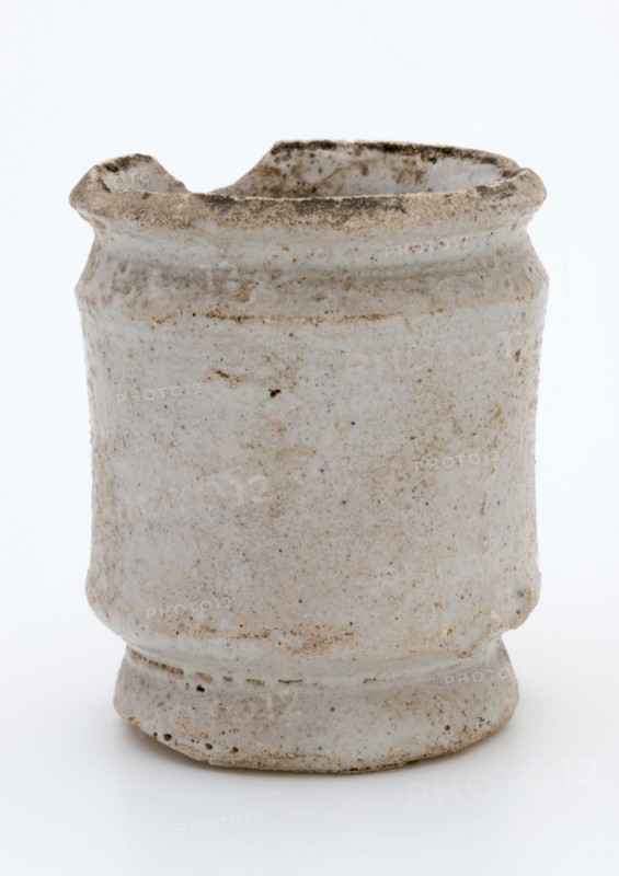 Pottery ointment jar, cylindrical with three necking, white and gritty glazed, ointment jar pot holder soil find ceramic