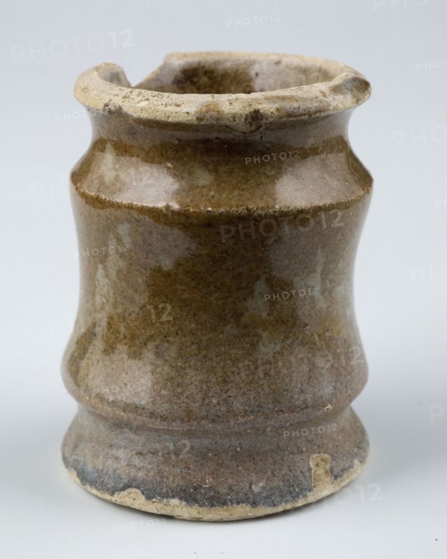 Pottery ointment jar, tapered with three nips, purple-brown speckled glazed, ointment jar pot holder soil find ceramic
