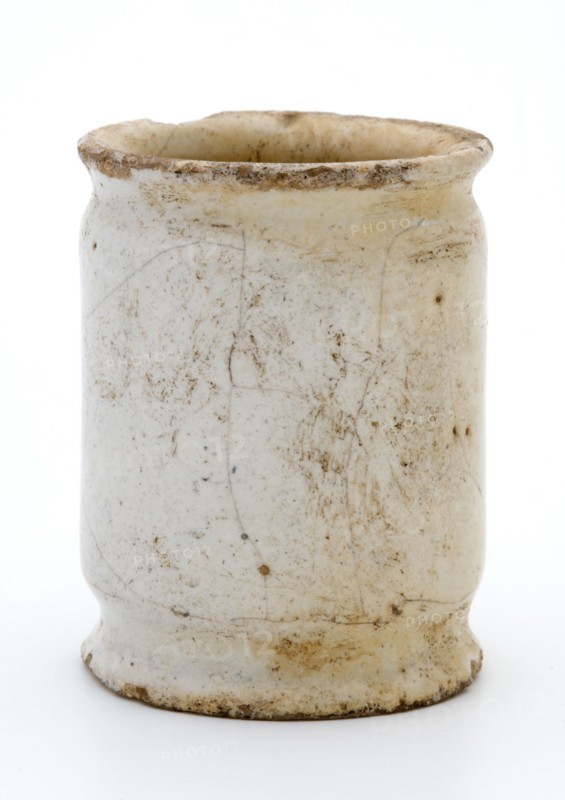 Pottery ointment jar, cylindrical, two shallow constrictions, white glazed, ointment jar pot holder soil finds ceramic